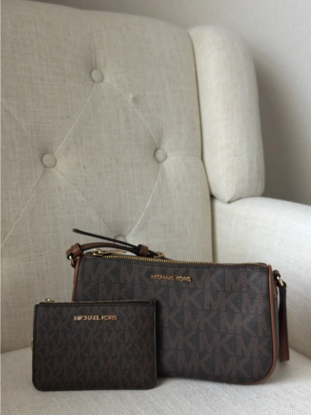 Michael Kors Brown Monogram Double Pouch Crossbody Set